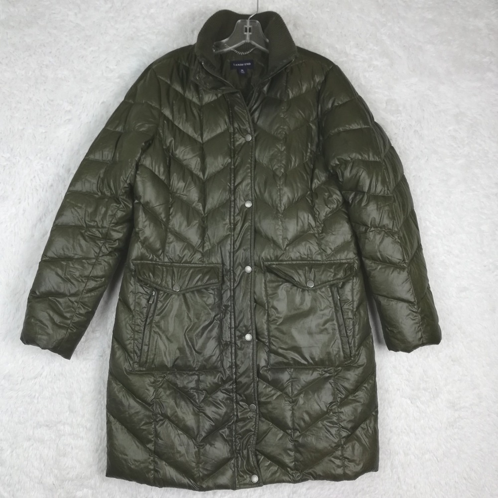 Lands End Womens Puffer Coat Green Down Feather Winter Zip Up Warm M